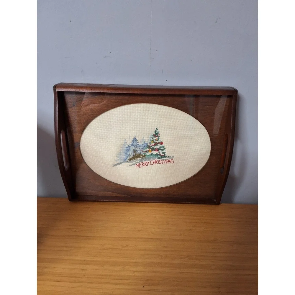 Vintage Wooden Serving Tray Featuring Christmas Croos-Stitch Protected By Glass